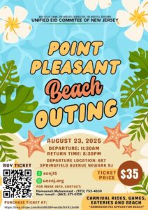 Flyer for Point Pleasant Beach Outing on August 23, 2025, by the Unified Eid Committee of NJ. Includes ticket info, departure time, and event highlights.