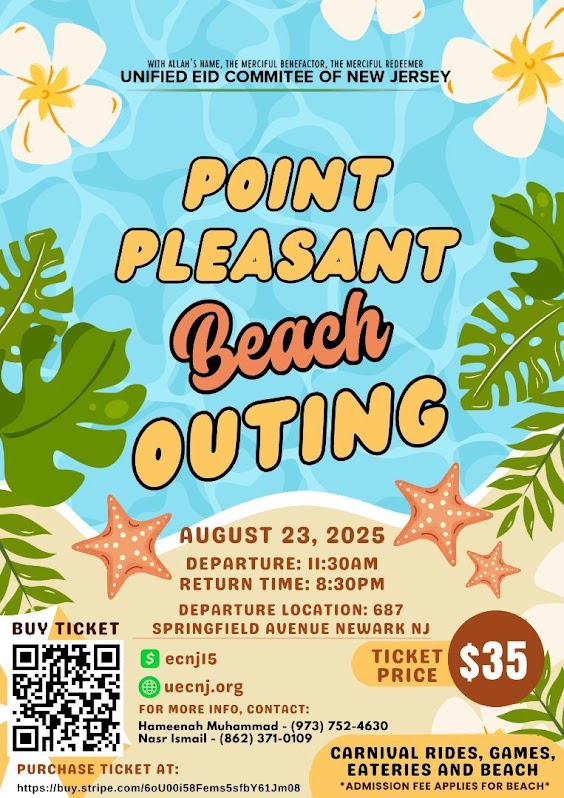 Flyer for Point Pleasant Beach Outing on August 23, 2025, by the Unified Eid Committee of NJ. Includes ticket info, departure time, and event highlights.