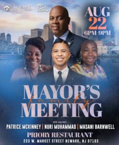 Flyer for the Mayor’s Family Meeting on August 22, 2025, at Priory Restaurant in Newark, NJ, featuring Mayor Ras Baraka and guest speakers.