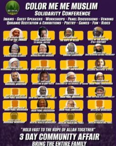 Flyer showing speaker lineup for the 2025 Color Me Muslim Solidarity Conference, featuring imams, scholars, workshops, and community programs.