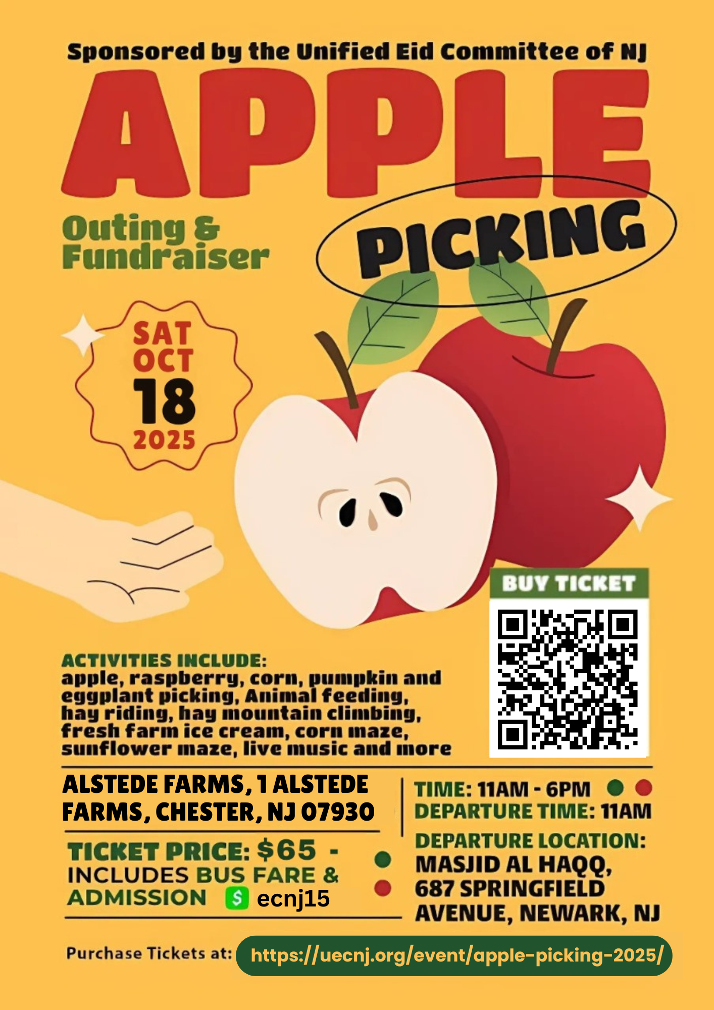 Flyer for UECNJ Apple Picking Outing & Fundraiser on Oct 18, 2025, at Alstede Farms in Chester, NJ. Includes bus from Newark, activities, and $65 tickets.