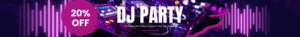 Colorful DJ party banner with vibrant lights and bold text.