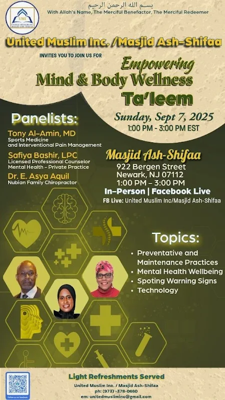 Flyer for Empowering Mind & Body Wellness Ta’leem at Masjid Ash-Shifaa in Newark, NJ, on Sept 7, 2025, with expert panelists on health and wellbeing.