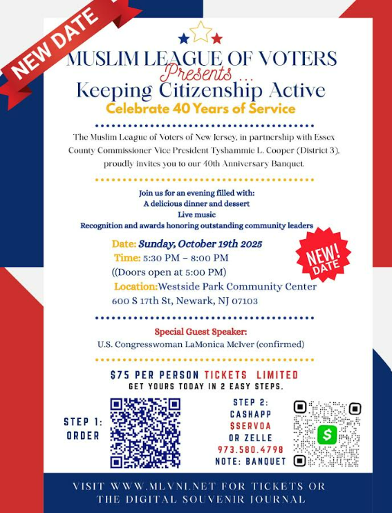 Flyer for the Muslim League of Voters of NJ 40th Anniversary Banquet on October 19, 2025, at Westside Park Community Center in Newark, NJ.