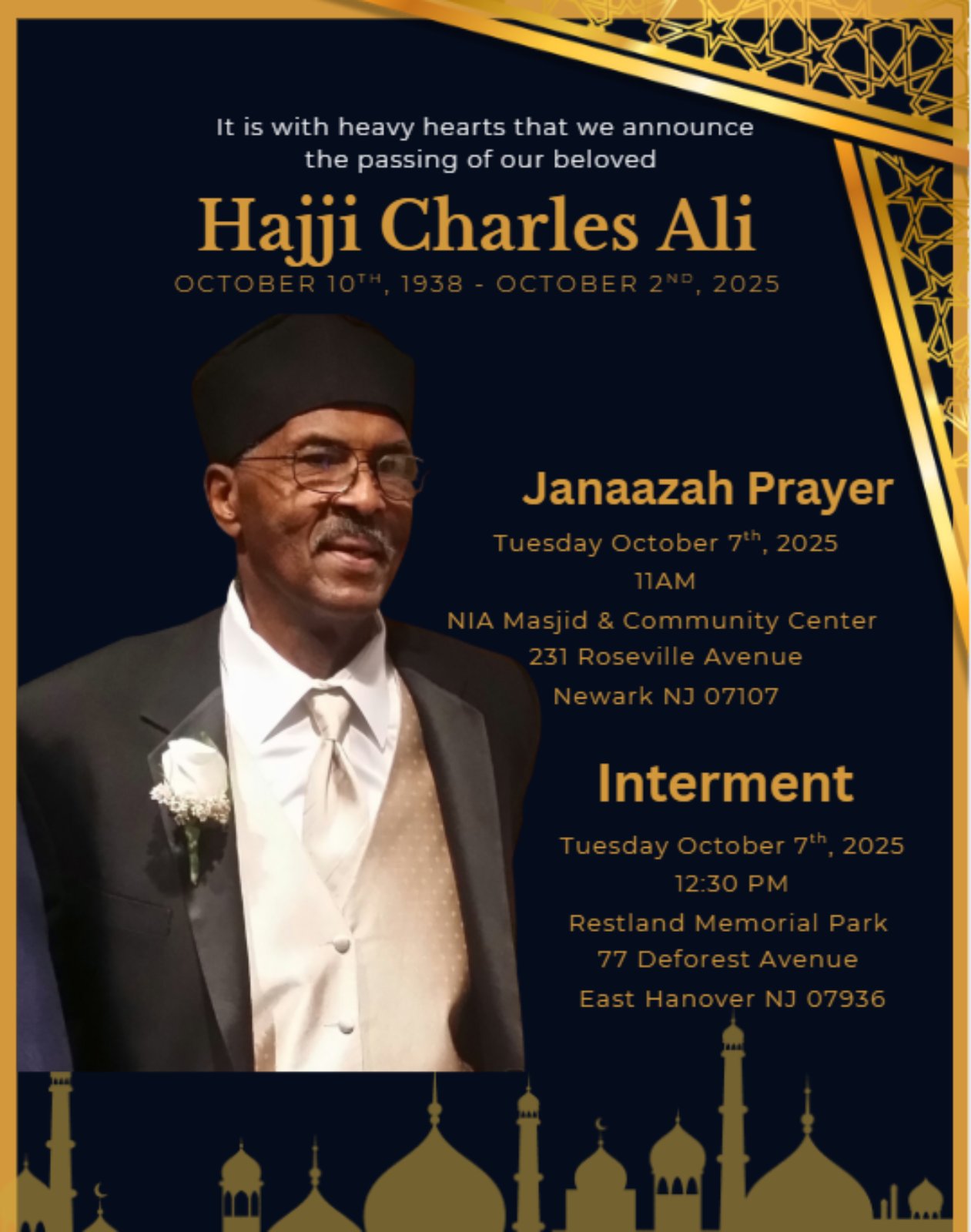 Flyer announcing the passing of Hajji Charles Ali, with Janazah prayer on Oct 7, 2025, at NIA Masjid Newark, and interment at Restland Memorial Park.
