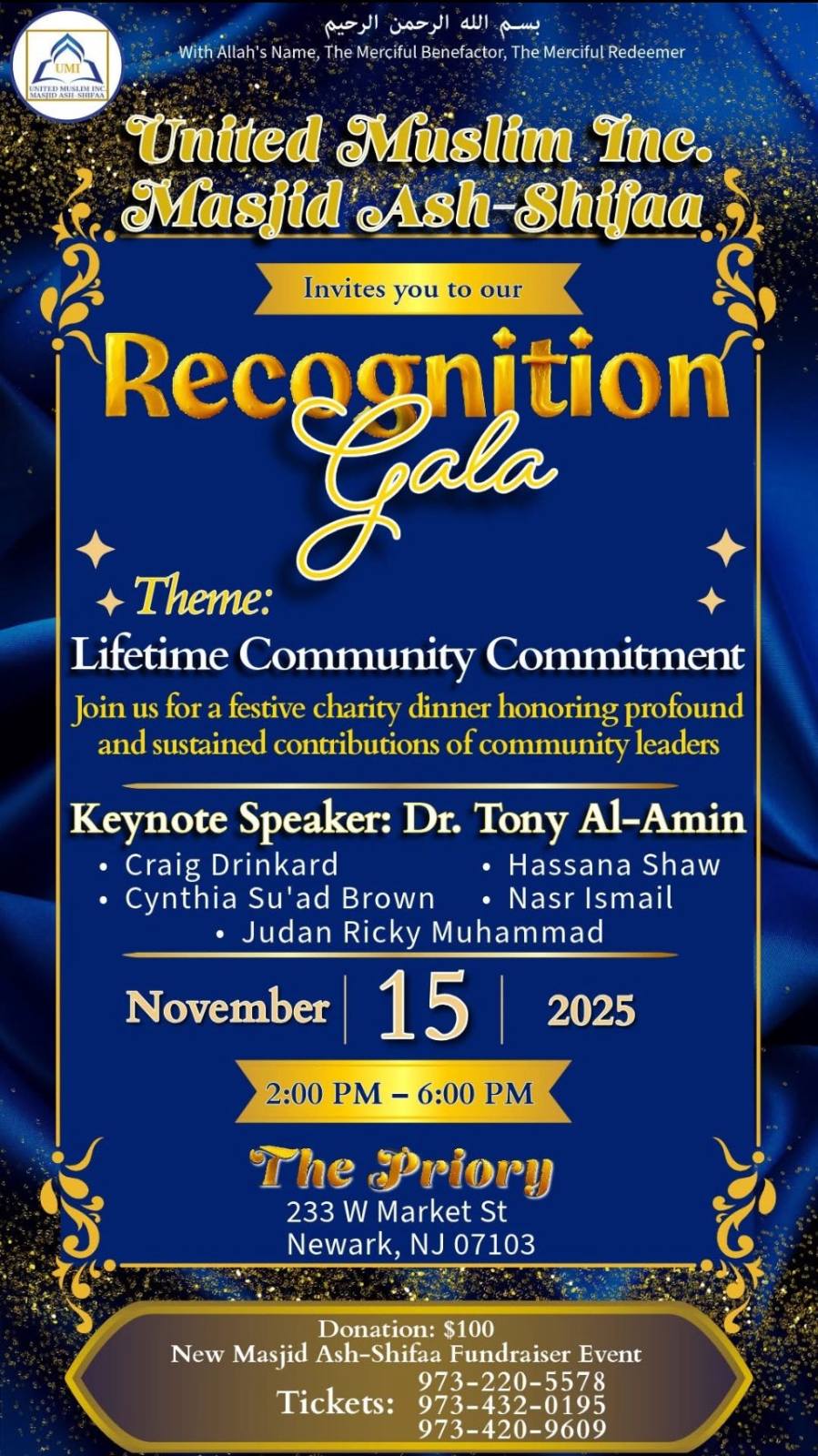 Masjid Ash-Shifaa Recognition Gala 2025 Flyer for United Muslim Inc. Masjid Ash-Shifaa Recognition Gala on Nov 15, 2025, honoring community leaders at The Priory in Newark, NJ.