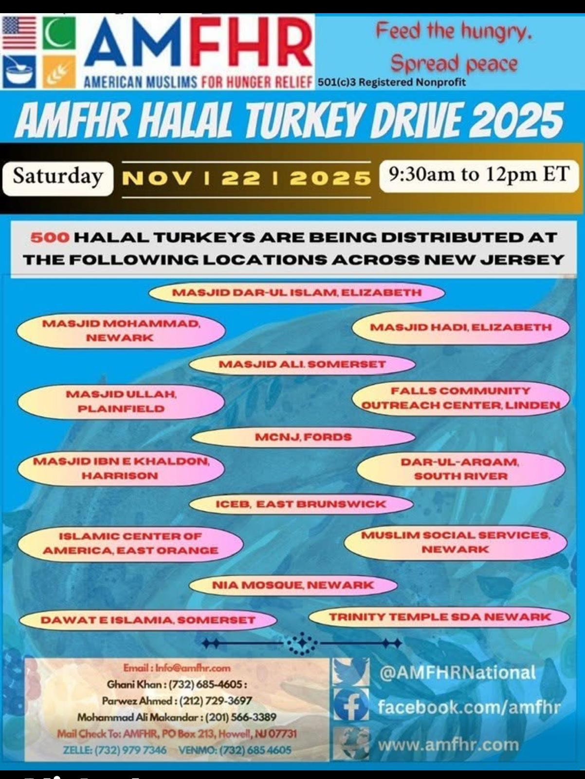 Flyer for AMFHR Halal Turkey Drive 2025 announcing 500 halal turkey distributions at various New Jersey masjids on Nov 22, 2025.