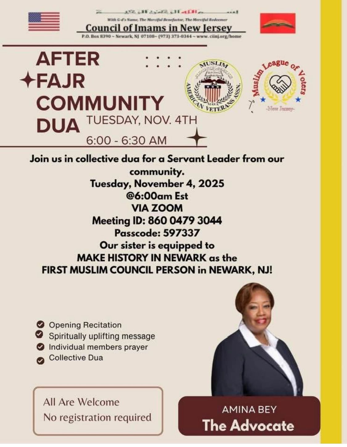 Flyer for the After Fajr Community Dua hosted by the Council of Imams in New Jersey on Nov 4, 2025, at 6 AM via Zoom, featuring Amina Bey.