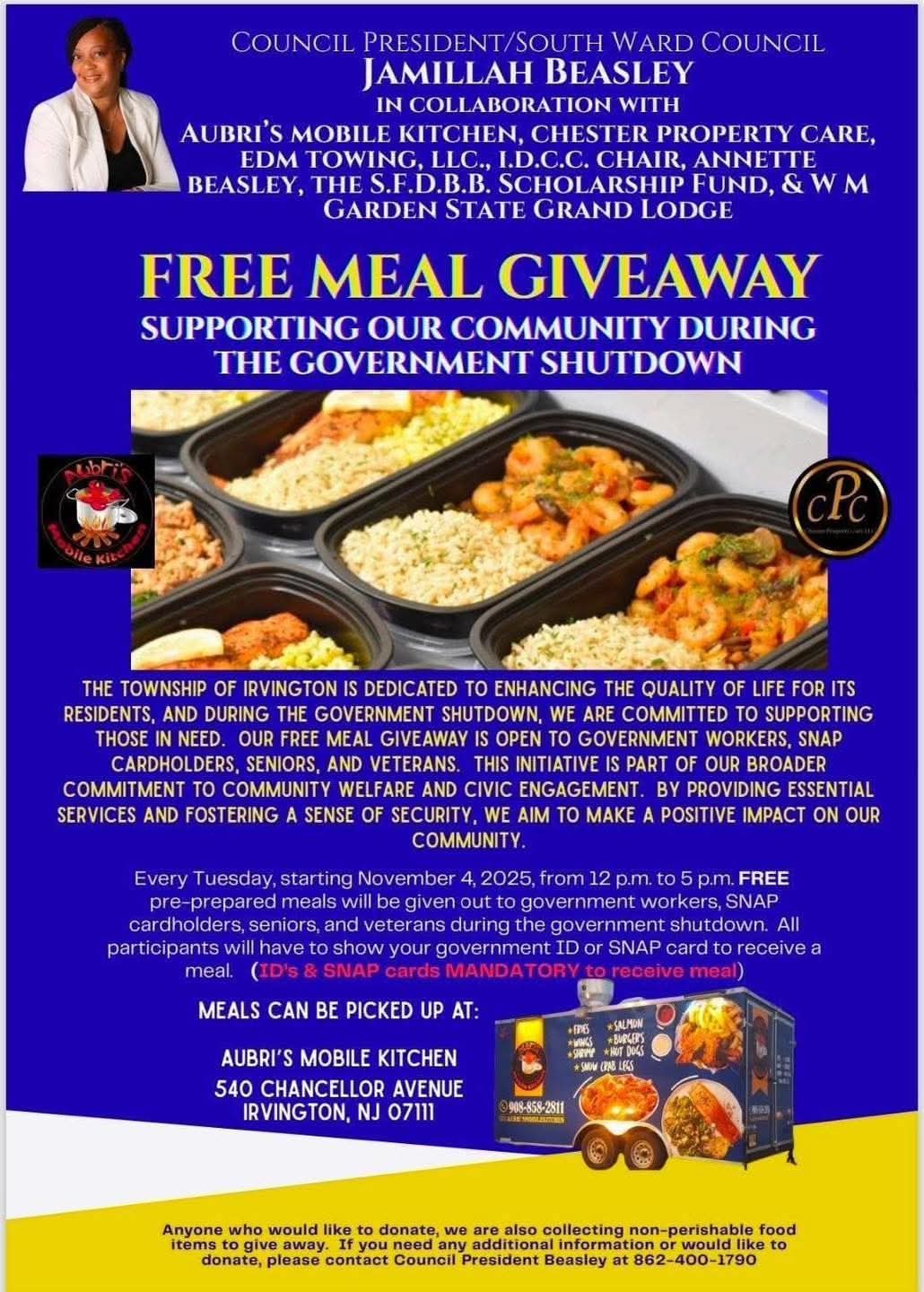 Flyer for Free Meal Giveaway in Irvington, NJ, hosted by Jamillah Beasley and Aubri’s Mobile Kitchen, offering meals to SNAP users, seniors, and veterans.