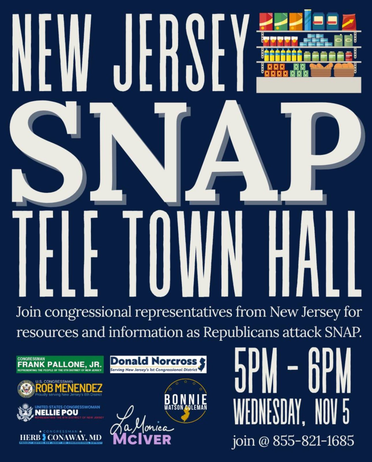 Flyer for New Jersey SNAP Tele Town Hall with congressional leaders providing updates on food assistance resources and SNAP protection efforts.