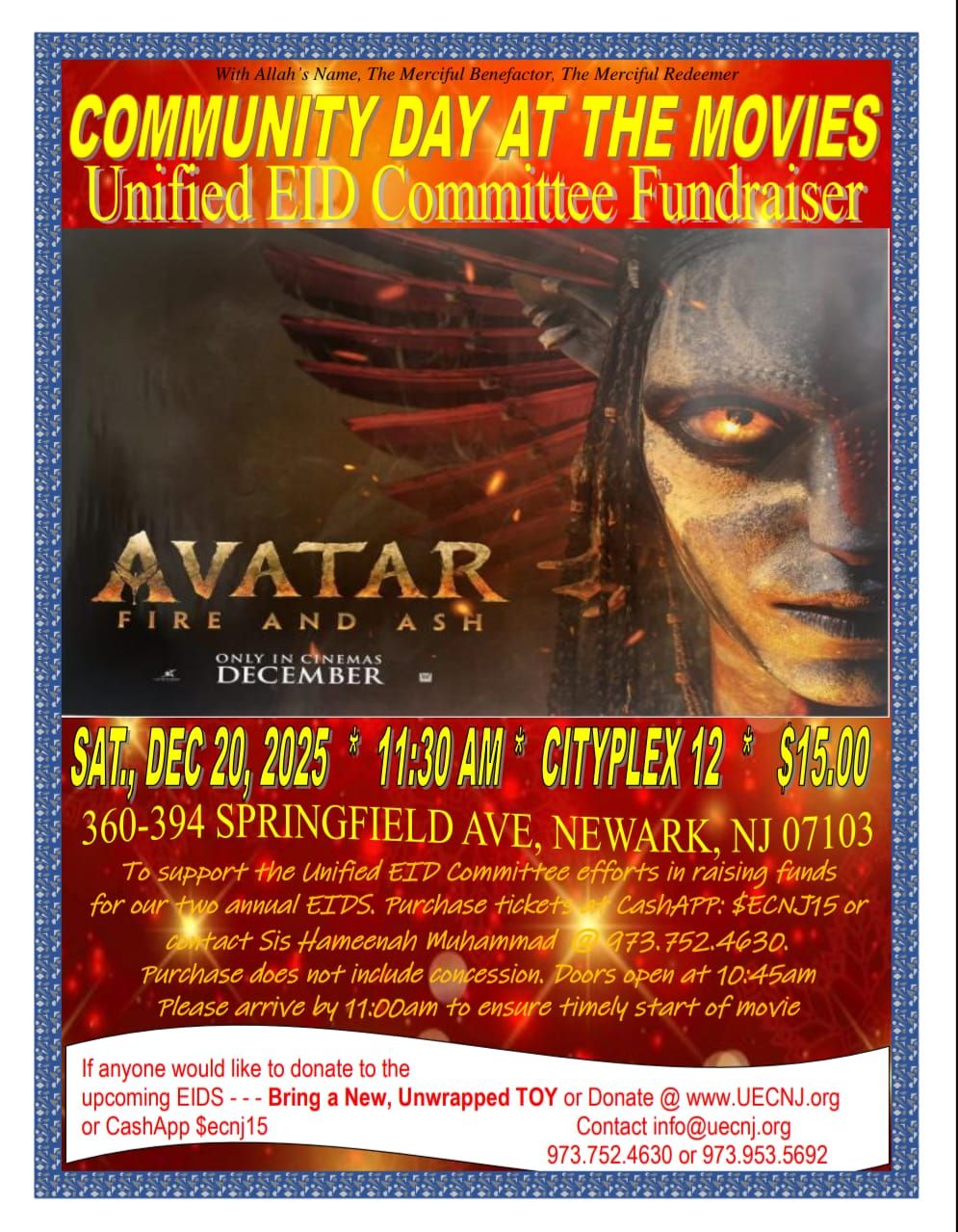 Flyer for Community Day at the Movies, a Unified Eid Committee fundraiser featuring Avatar: Fire and Ash, held Dec 20, 2025, at CityPlex 12 Newark.