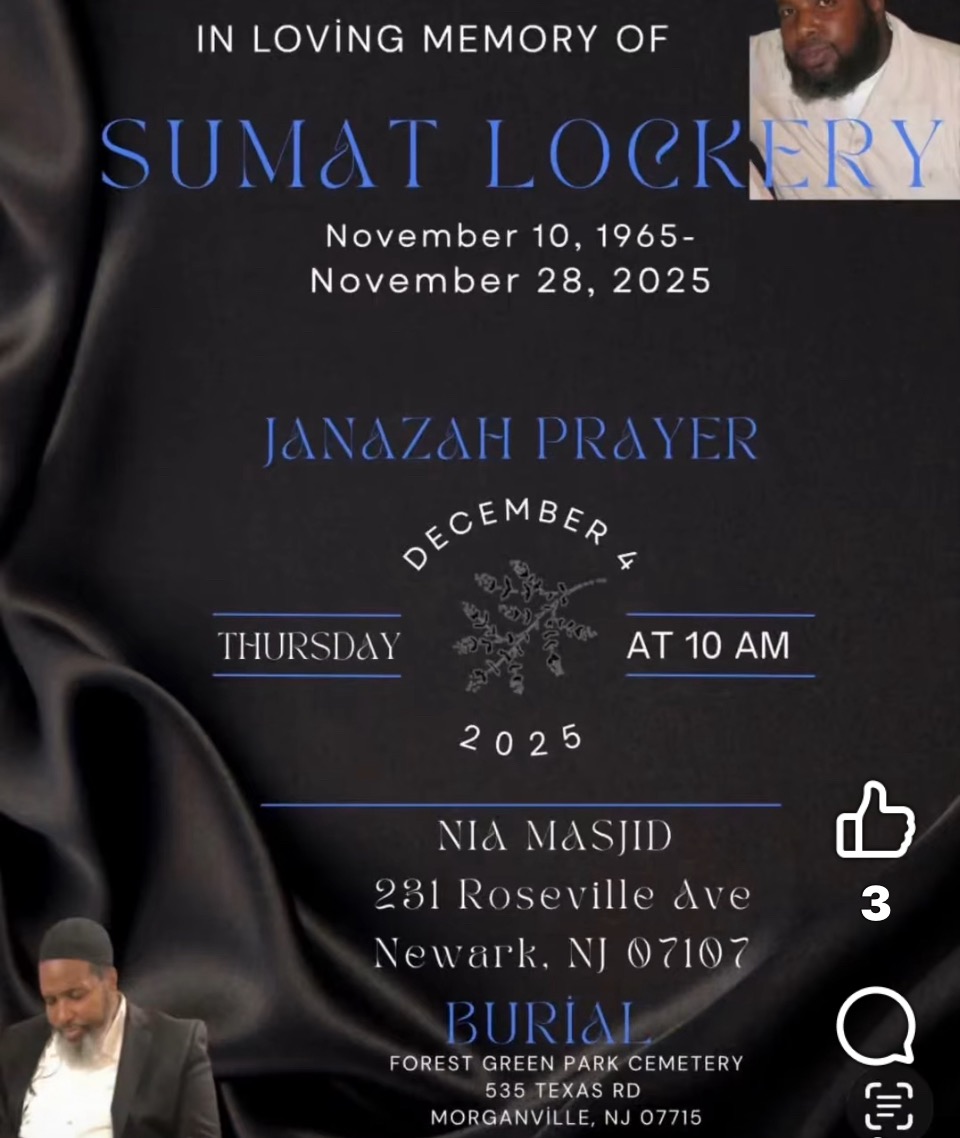 Flyer announcing the Janazah of Sumat Lockery with prayer at NIA Masjid, Newark, NJ, and burial at Forest Green Park Cemetery, Morganville, NJ.
