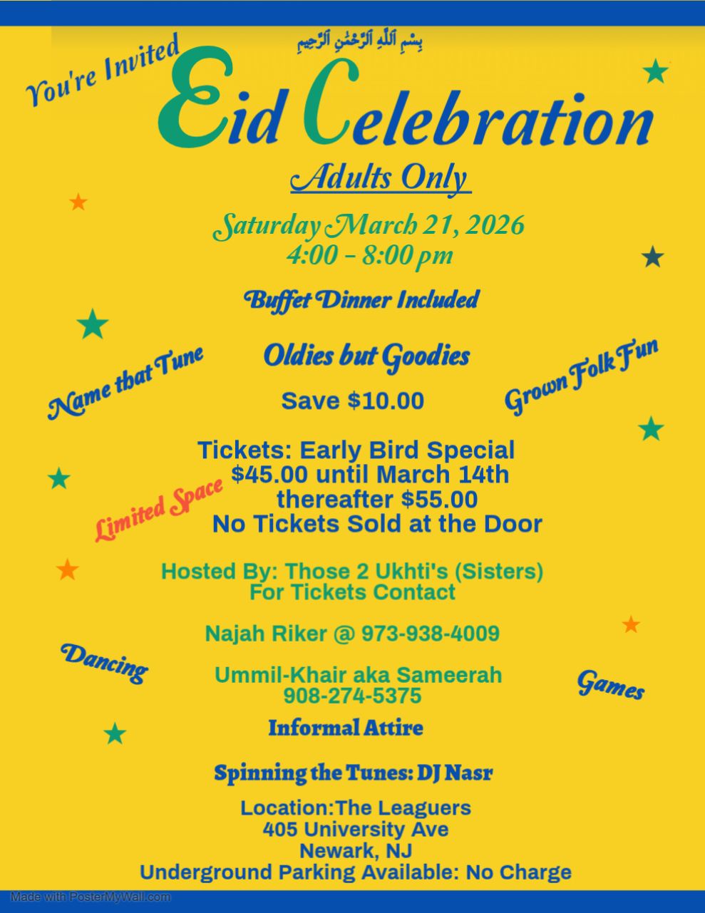 Eid Celebration adults-only dinner party flyer in Newark NJ featuring buffet dinner, DJ Nasr, dancing, games and early bird tickets for March 21, 2026