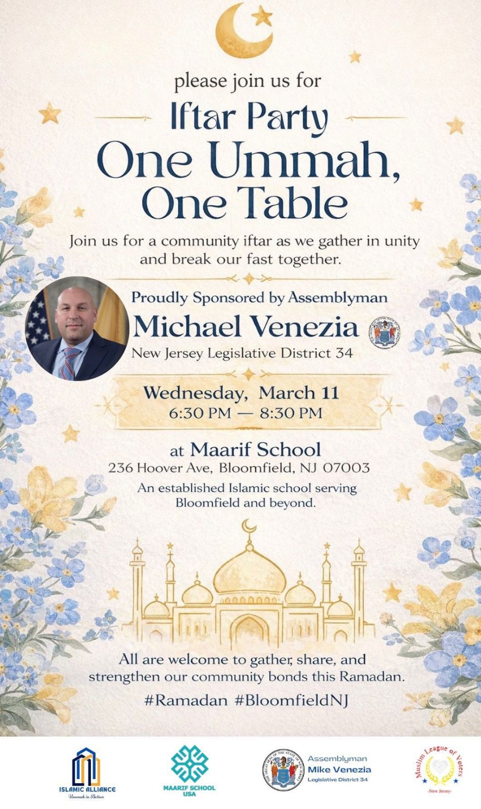 One Ummah One Table community Iftar party flyer sponsored by Assemblyman Michael Venezia at Maarif School in Bloomfield NJ on March 11, 2026