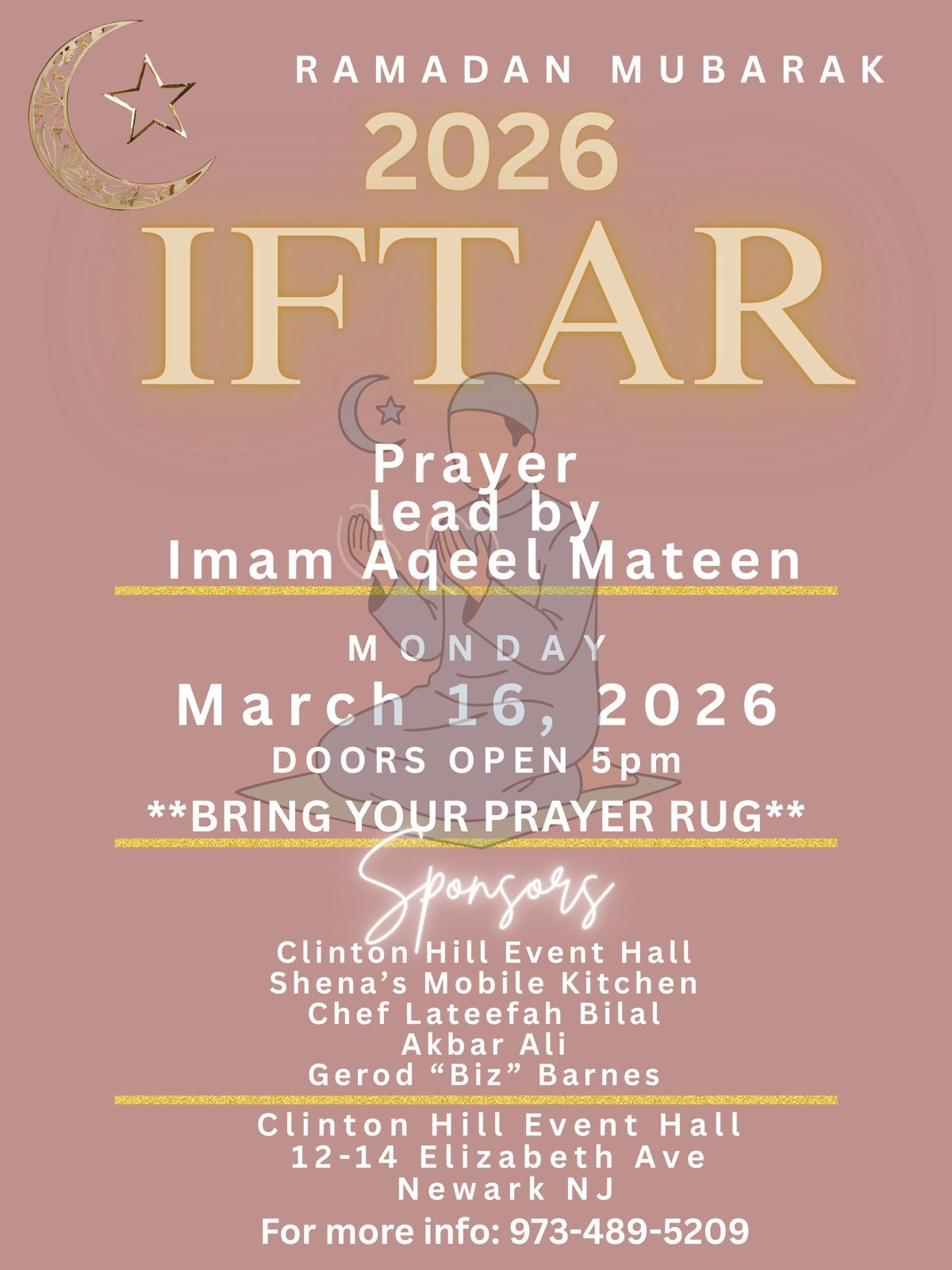Ramadan Mubarak 2026 Iftar dinner event flyer in Newark NJ with prayer led by Imam Aqeel Mateen at Clinton Hill Event Hall on March 16, 2026