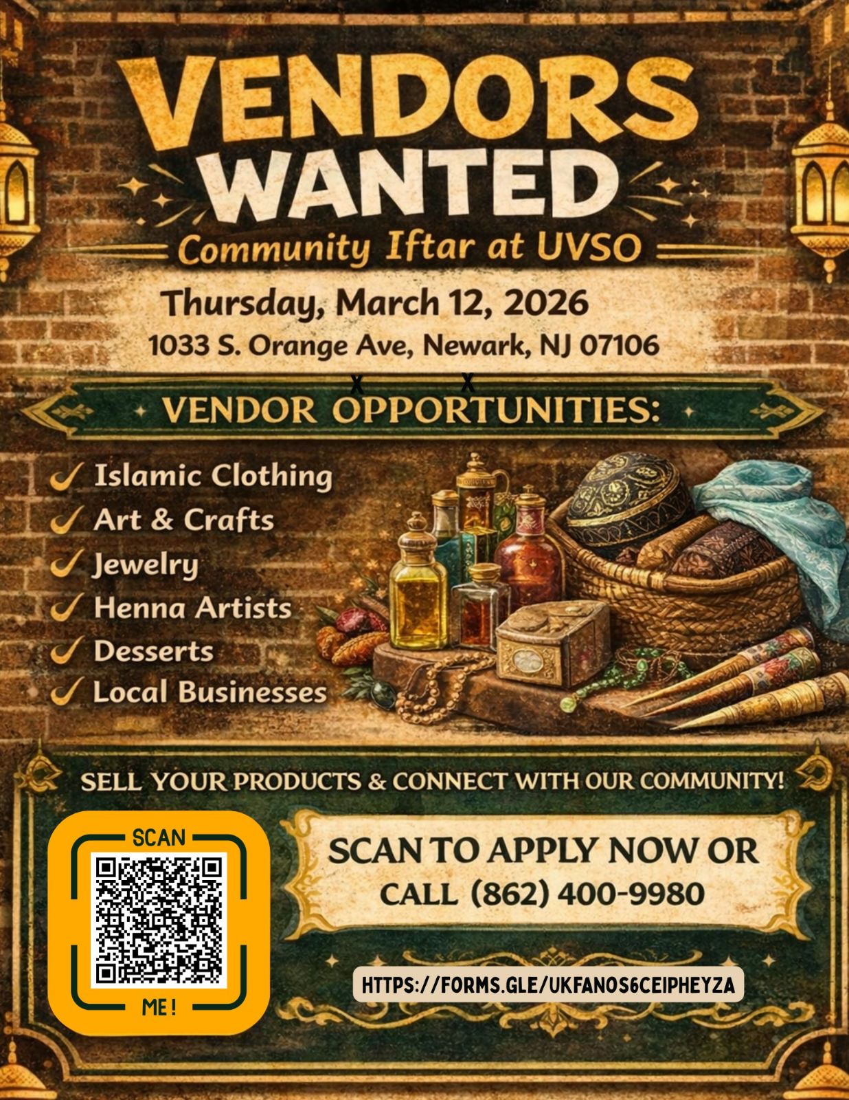 Vendors wanted flyer for Ramadan community Iftar market at UVSO in Newark NJ featuring opportunities for Islamic clothing, crafts, jewelry, desserts and henna artists