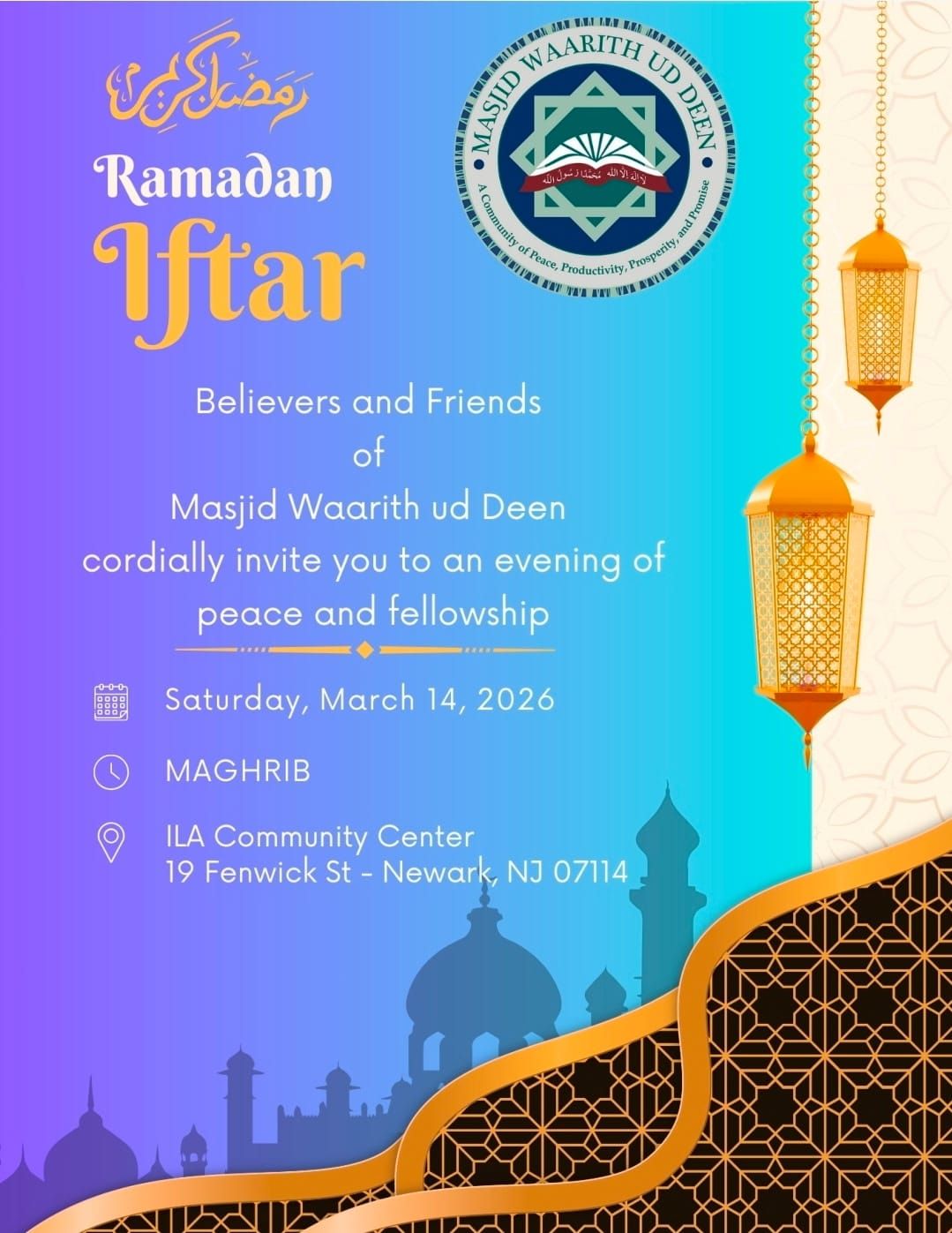Masjid Waarith ud Deen Ramadan Iftar community dinner flyer in Newark NJ at ILA Community Center on March 14, 2026