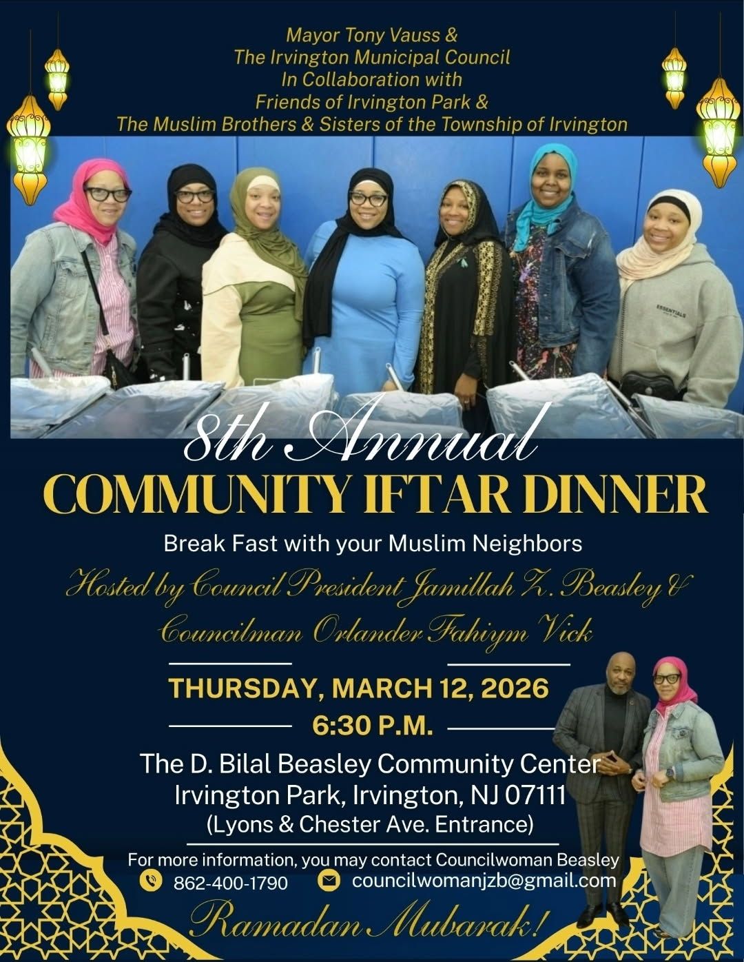8th Annual Community Iftar Dinner flyer in Irvington NJ hosted at D Bilal Beasley Community Center during Ramadan on March 12, 2026