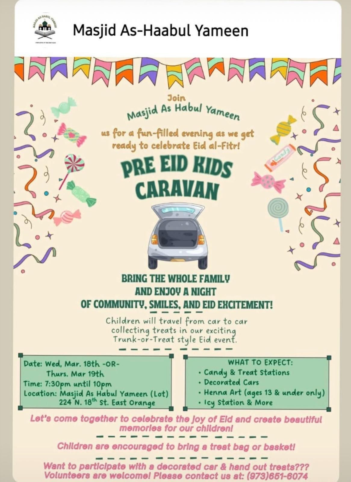 Pre Eid Kids Caravan flyer at Masjid As Haabul Yameen in East Orange NJ featuring trunk or treat style Eid event for children and families