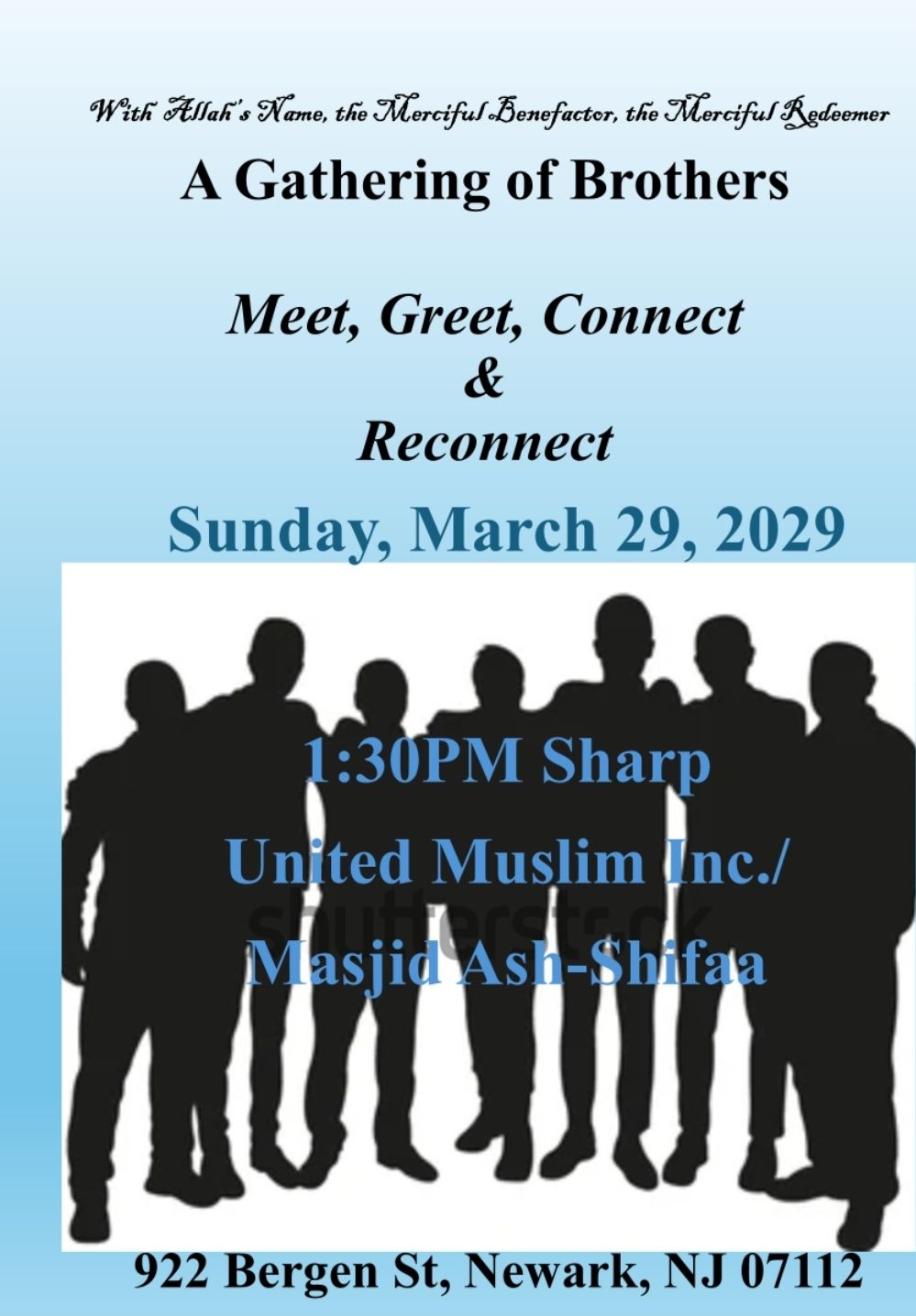Gathering of Brothers community event flyer at Masjid Ash Shifaa in Newark NJ for networking and reconnecting among men
