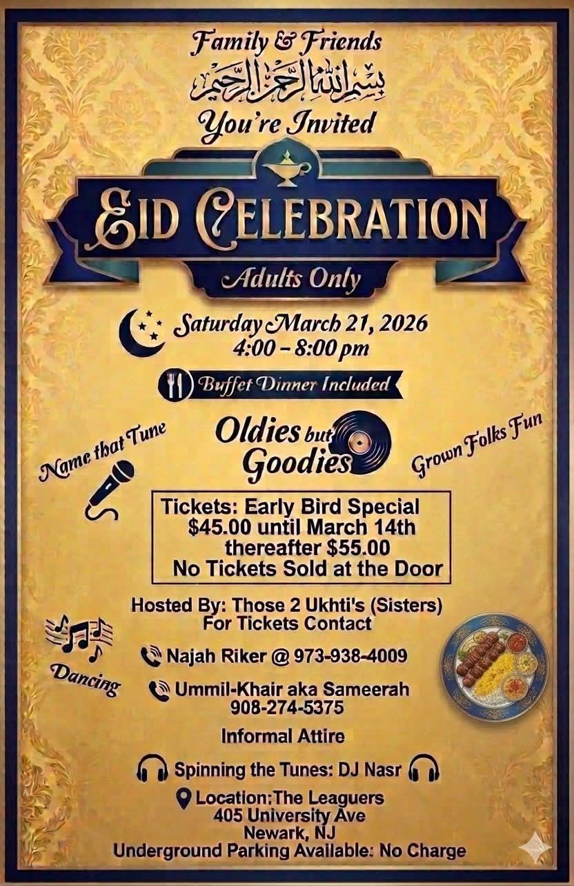 Eid Celebration adults only dinner party flyer in Newark NJ featuring buffet dinner DJ Nasr music dancing and games March 21 2026