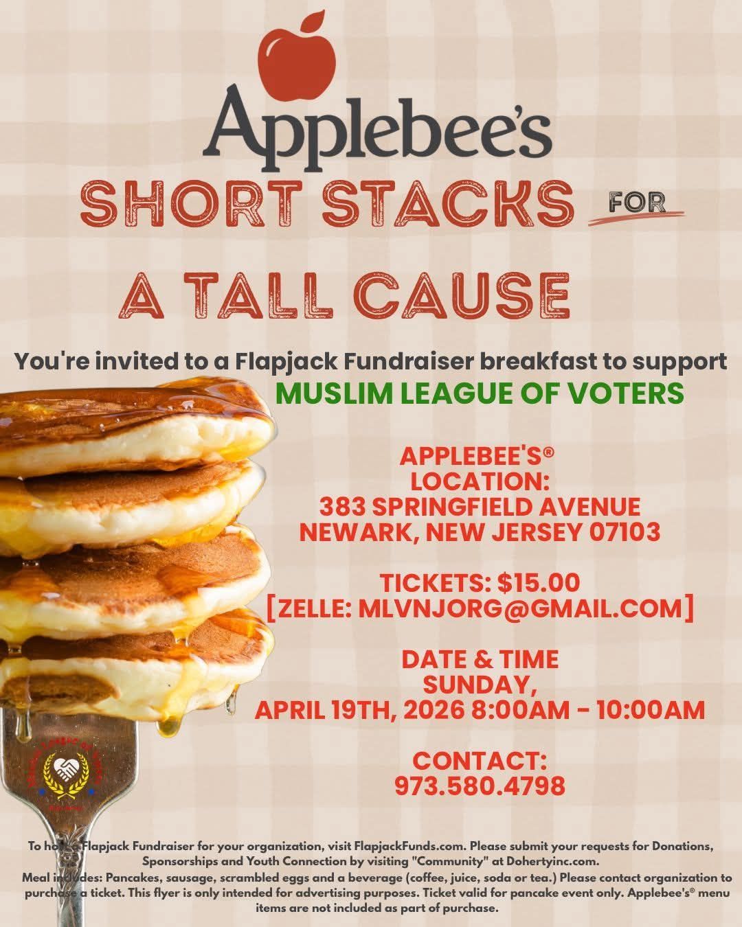 Applebee’s pancake breakfast fundraiser flyer supporting Muslim League of Voters in Newark NJ on April 19, 2026