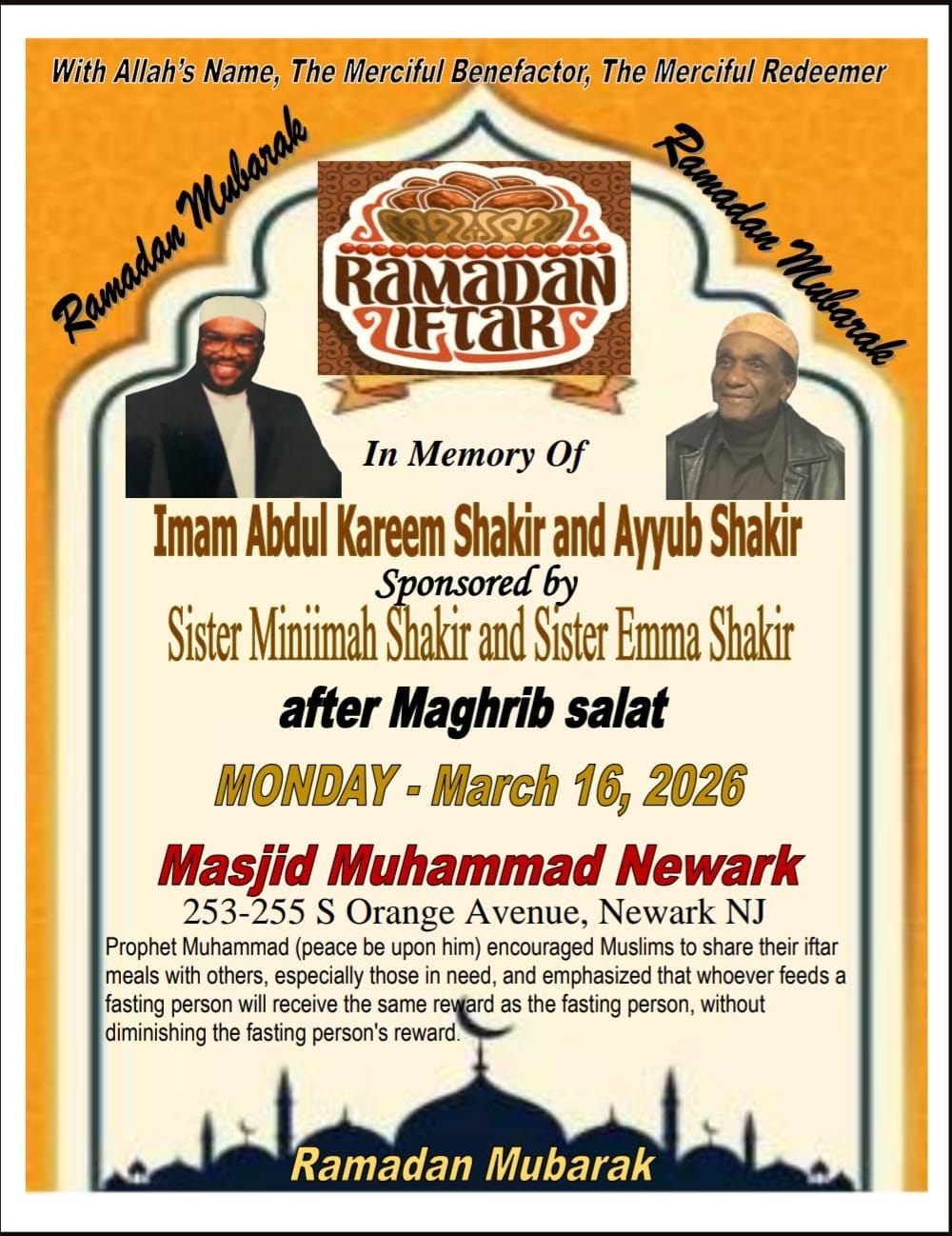 Ramadan Iftar memorial dinner flyer at Masjid Muhammad Newark honoring Imam Abdul Kareem Shakir and Ayyub Shakir on March 16, 2026