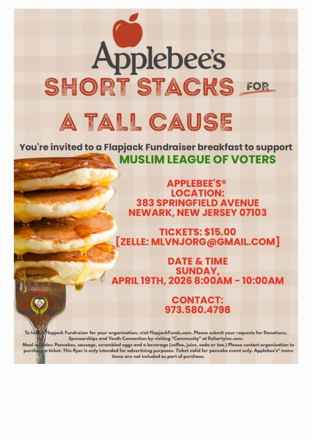 Applebee’s pancake breakfast fundraiser flyer in Newark NJ supporting Muslim League of Voters on April 19 2026