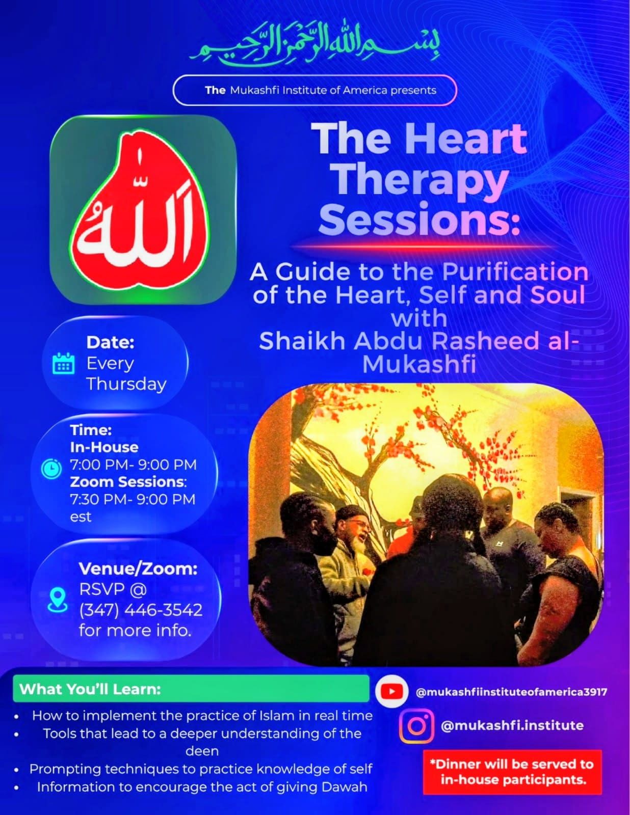 Heart Therapy Sessions Islamic spiritual program flyer with Shaykh Abu Rasheed al Mukashfi focusing on purification of the heart self and soul