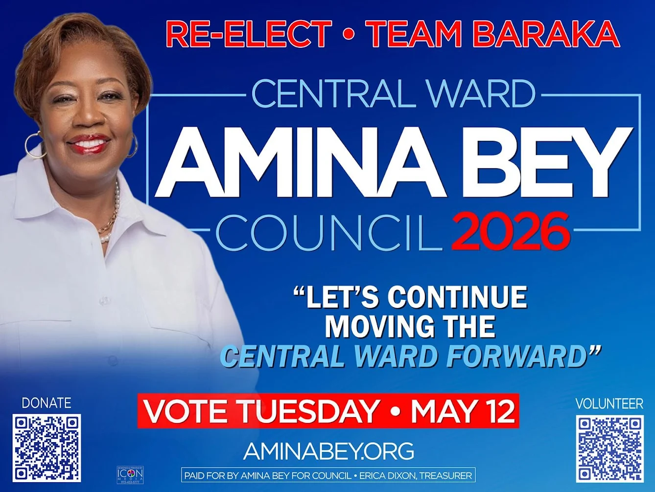 Amina Bey campaign flyer for Central Ward Council election in Newark NJ 2026 supporting Team Baraka