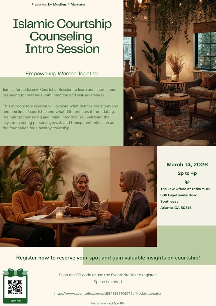 Islamic courtship counseling intro session flyer for women hosted by Muslims 4 Marriage in Atlanta Georgia on March 14, 2026
