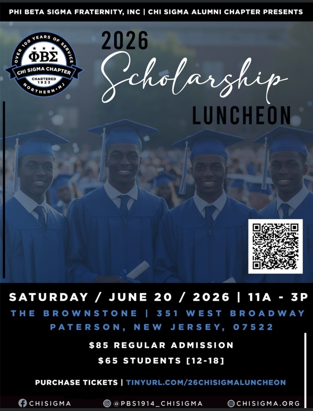 2026 Scholarship Luncheon flyer by Phi Beta Sigma Chi Sigma Alumni Chapter in Paterson NJ featuring student scholarships and graduation theme