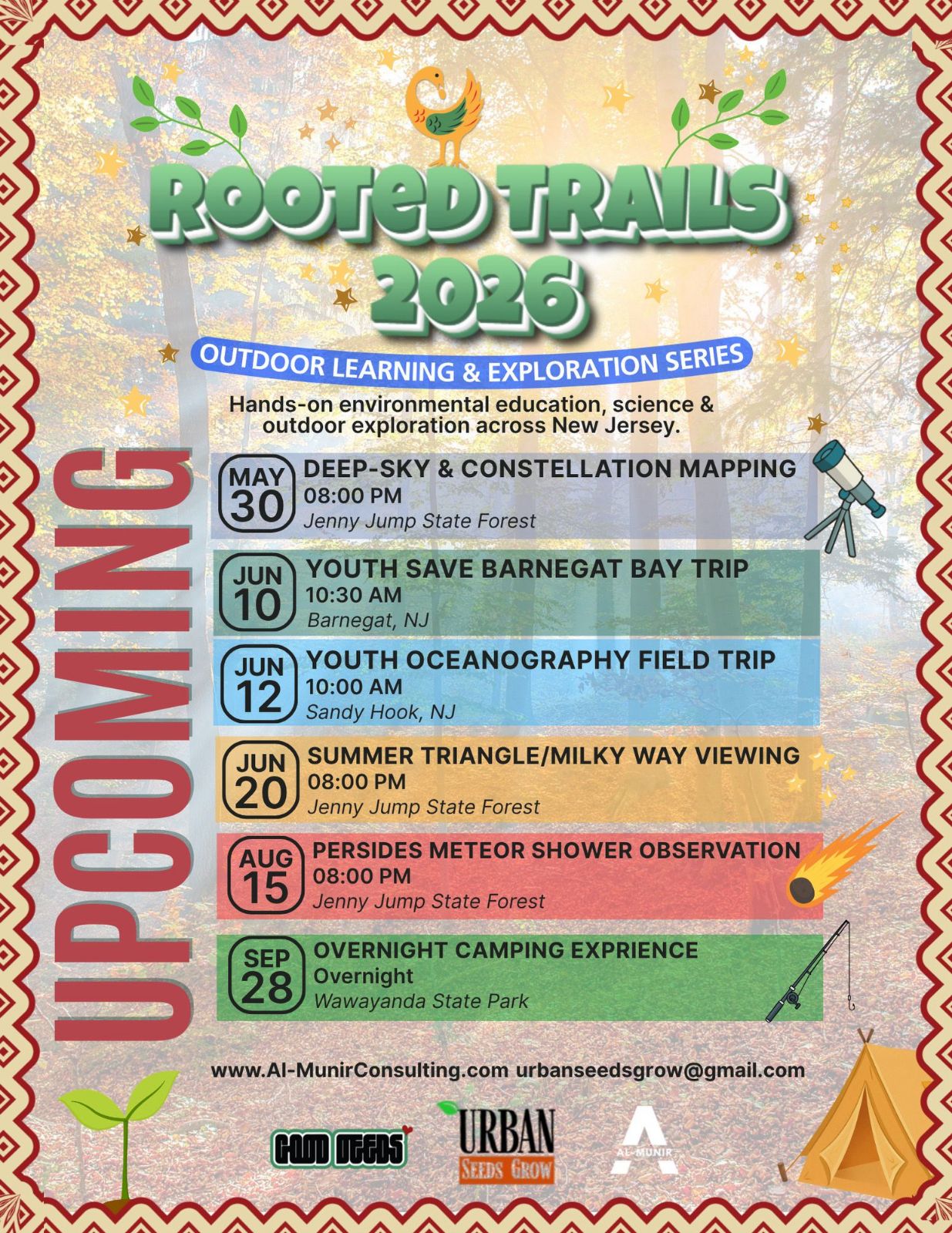 Rooted Trails 2026 outdoor learning series flyer featuring youth trips stargazing meteor showers and camping events across New Jersey