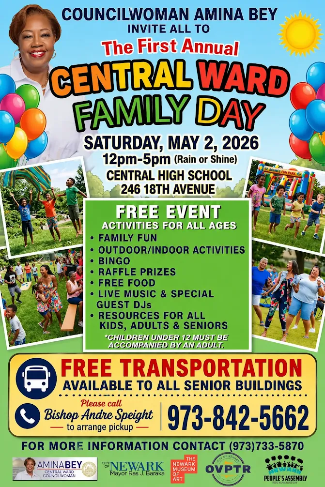 Central Ward Family Day 2026 flyer in Newark NJ featuring free food games music raffles family activities and transportation for seniors