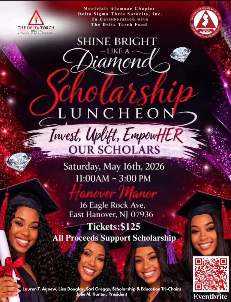 Flyer for the Shine Bright Like a Diamond Scholarship Luncheon hosted by Delta Sigma Theta Sorority, Inc. Montclair Alumnae Chapter on May 16, 2026 at Hanover Manor in East Hanover, New Jersey.