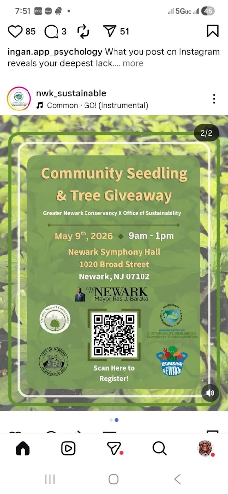 Flyer for the Community Seedling and Tree Giveaway event in Newark, New Jersey on May 9, 2026 at Newark Symphony Hall.