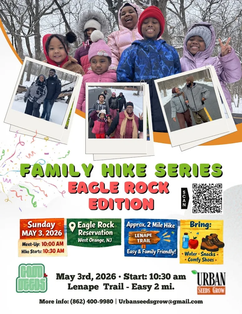 Flyer promoting the Family Hike Series Eagle Rock Edition taking place on May 3, 2026 at Eagle Rock Reservation in West Orange, New Jersey.