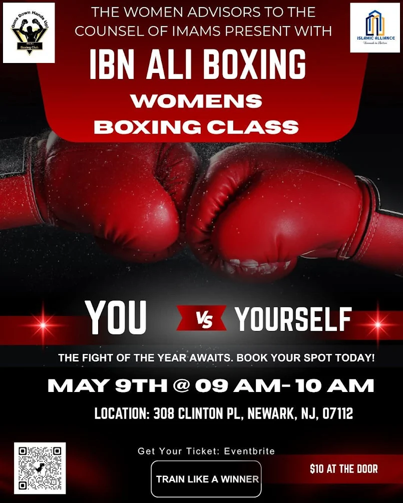 Promotional flyer for the Ibn Ali Boxing Women’s Boxing Class taking place on May 9, 2026 in Newark, New Jersey.