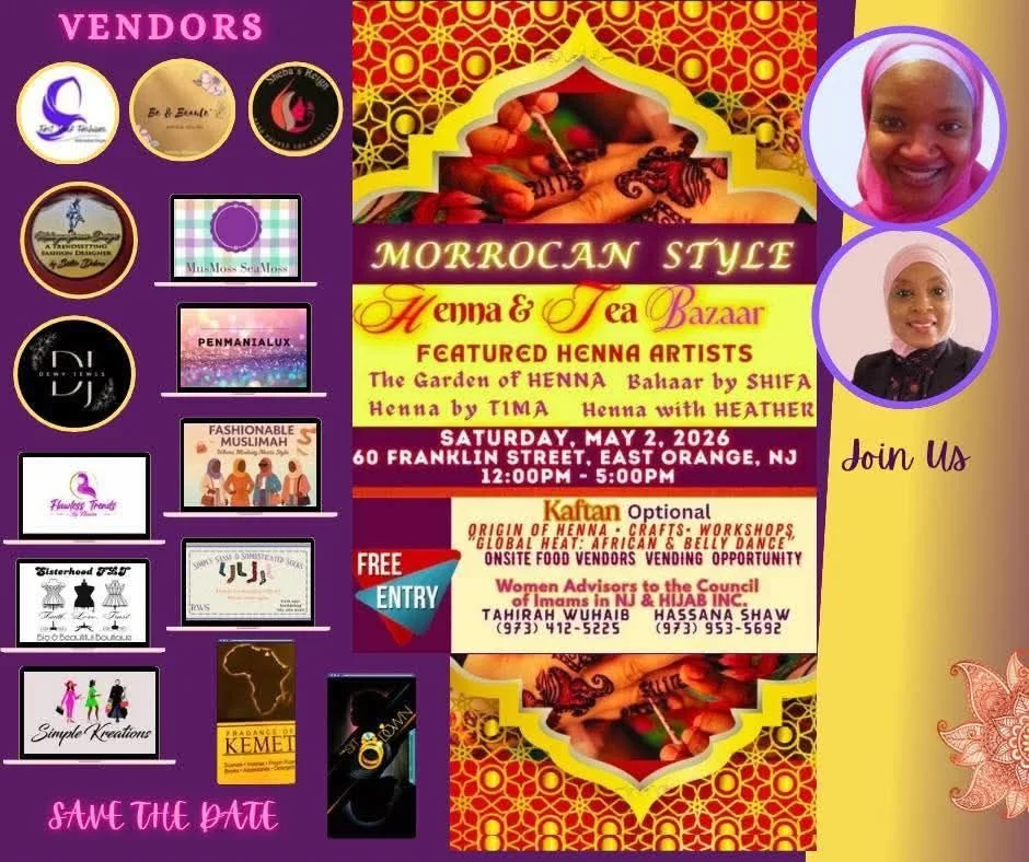 Promotional flyer for the Moroccan Style Henna and Tea Bazaar taking place on May 2, 2026 in East Orange, New Jersey.