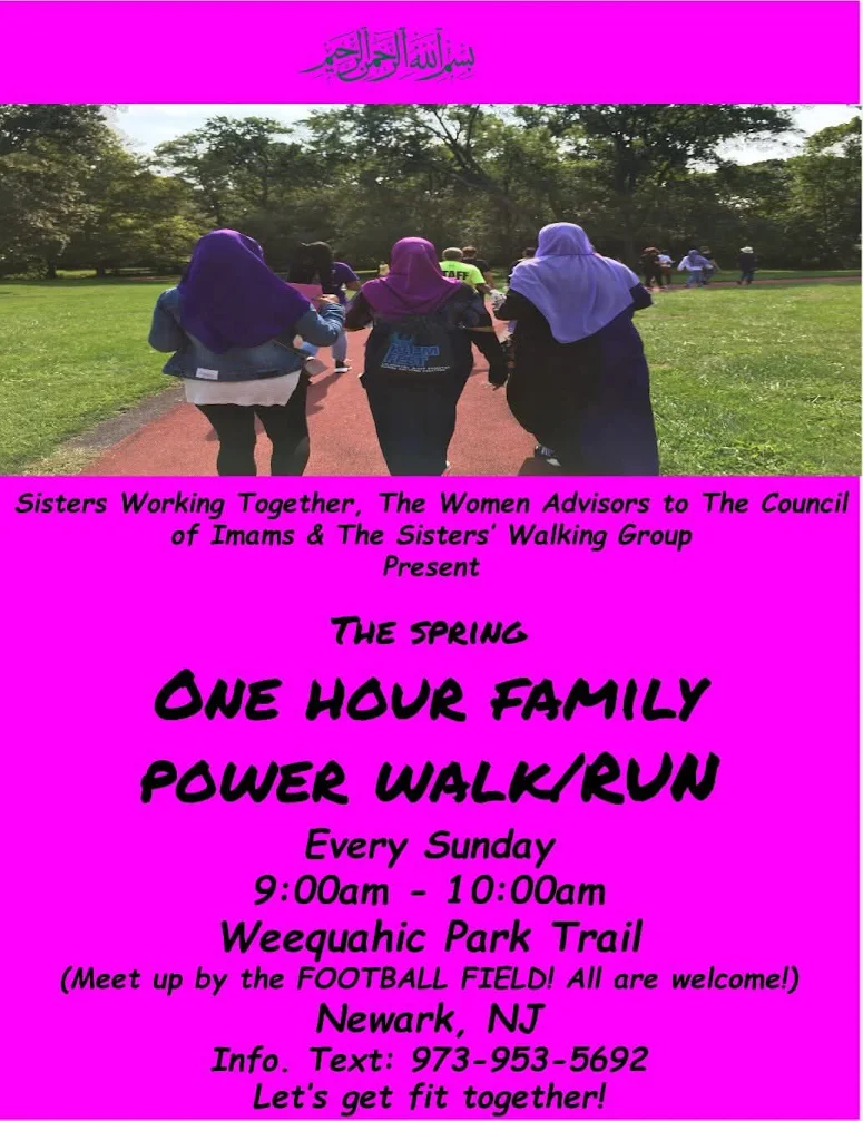 Flyer promoting the Spring One Hour Family Power Walk/Run held every Sunday at Weequahic Park Trail in Newark, New Jersey.