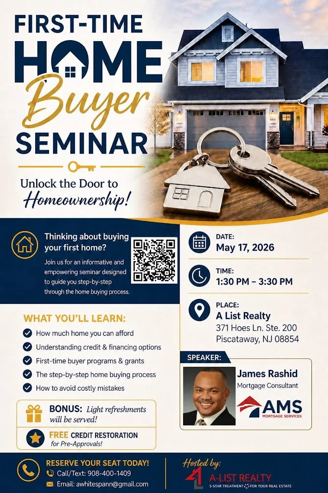 Flyer promoting the First-Time Home Buyer Seminar taking place on May 17, 2026 in Piscataway, New Jersey.