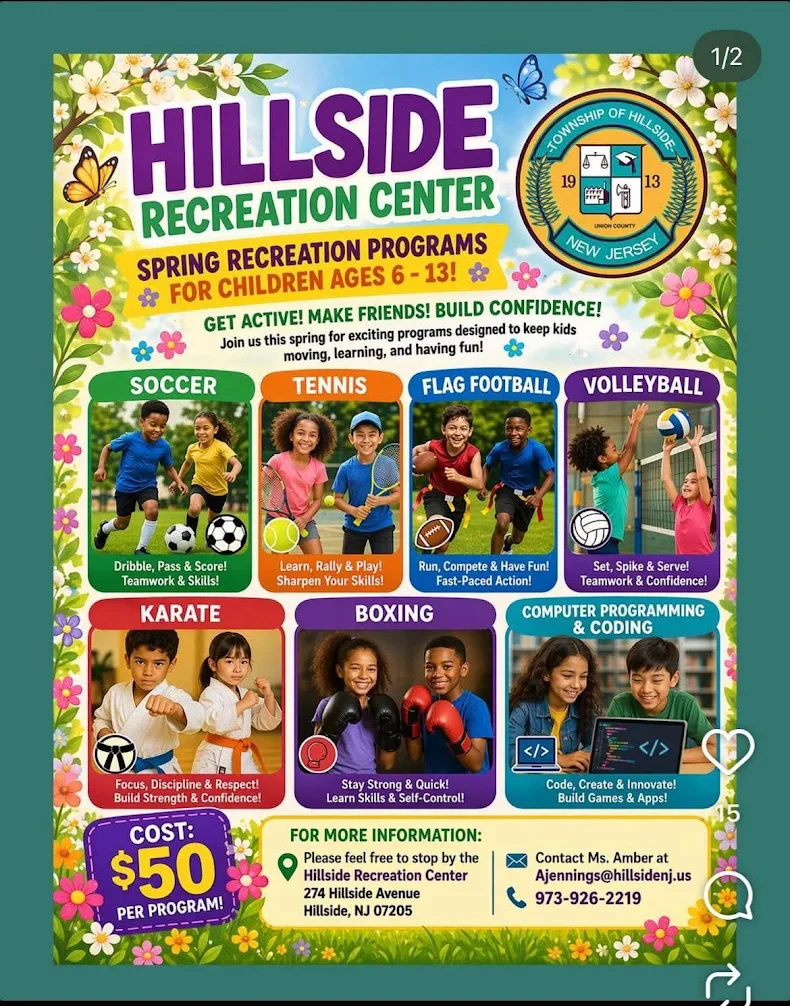 Hillside Recreation Center spring programs flyer featuring soccer tennis volleyball karate boxing and coding classes for children ages 6 to 13 in New Jersey