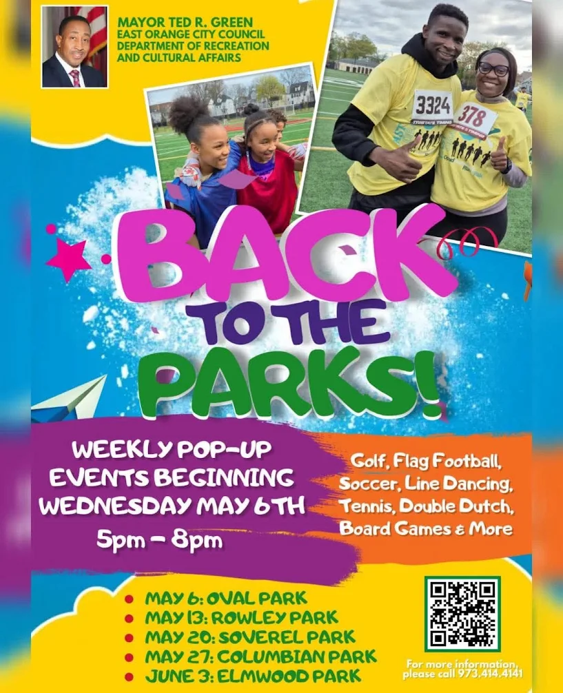 Colorful Back to the Parks 2026 flyer promoting free weekly recreation and sports activities for families and youth in East Orange New Jersey parks.
