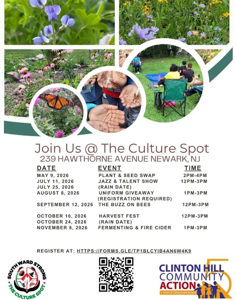 Community flyer promoting 2026 cultural and environmental events at The Culture Spot in Newark, New Jersey including gardening, jazz, bees, and harvest activities.