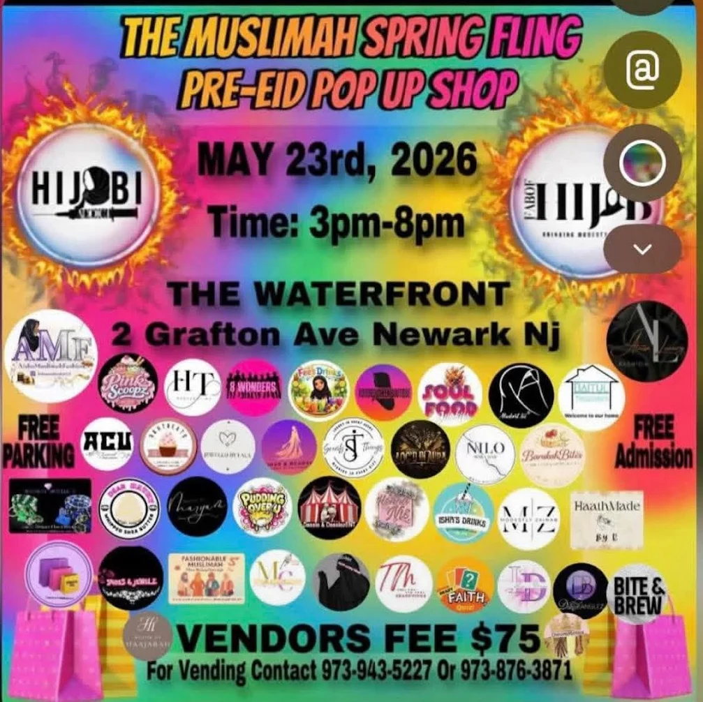 Colorful flyer promoting the Muslimah Spring Fling Pre-Eid Pop Up Shop in Newark New Jersey featuring Muslim-owned vendors, fashion, food, beauty, and handmade products.