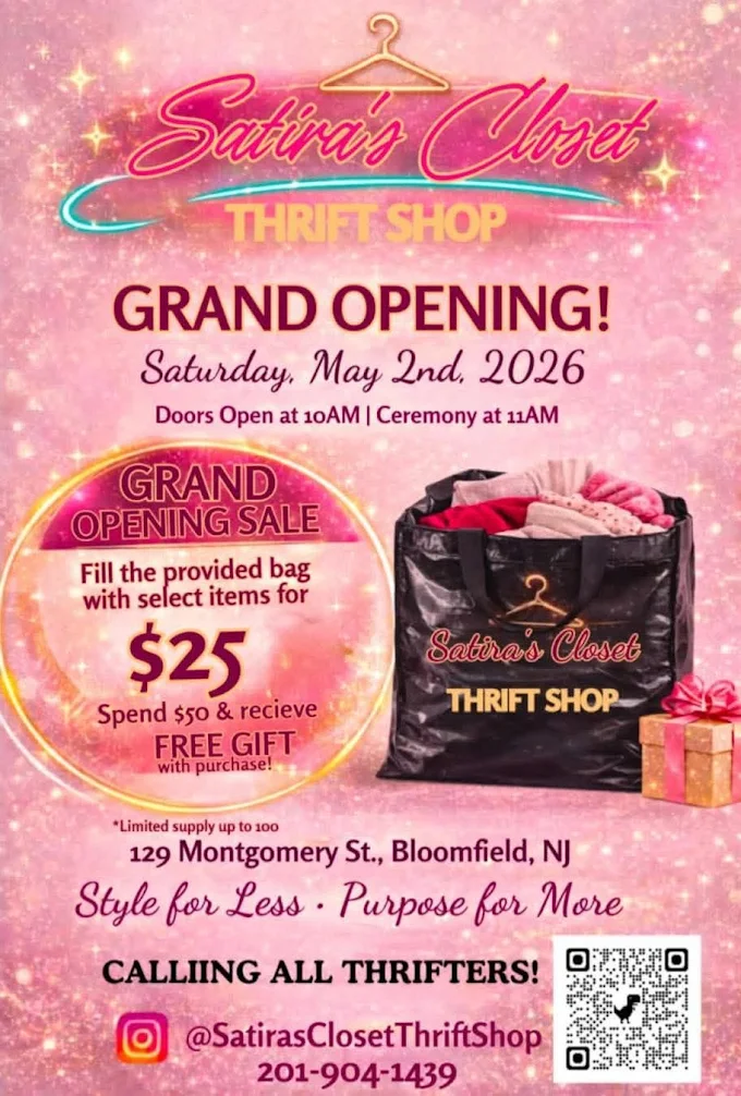 Pink grand opening flyer for Satira’s Closet Thrift Shop in Bloomfield New Jersey featuring thrift shopping deals and affordable fashion.