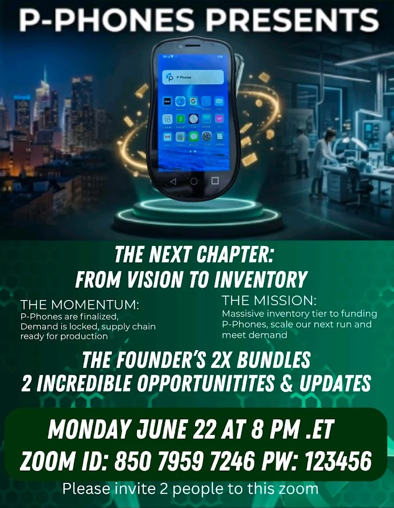 Promotional flyer for the P-Phones Founder Webinar discussing inventory expansion, production readiness, and investment opportunities on June 22, 2026.