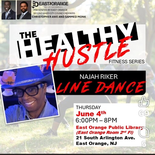 Promotional flyer for The Healthy Hustle Fitness Series featuring a Line Dance class with Najah Riker at the East Orange Public Library in East Orange, New Jersey.