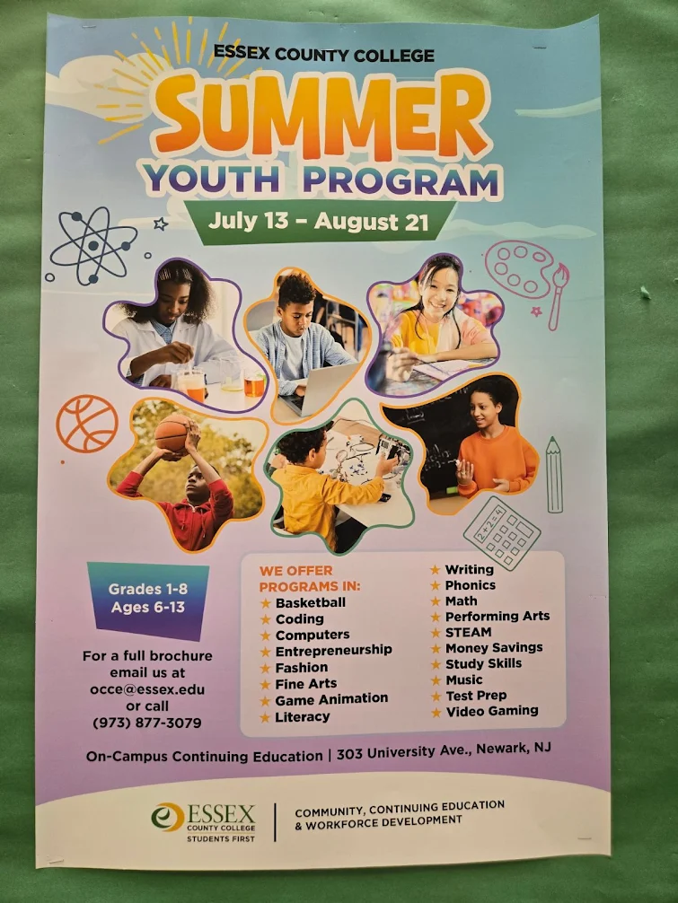 Flyer promoting the Essex County College Summer Youth Program for children ages 6-13 featuring academic, STEM, arts, coding, entrepreneurship, and sports activities in Newark, New Jersey.