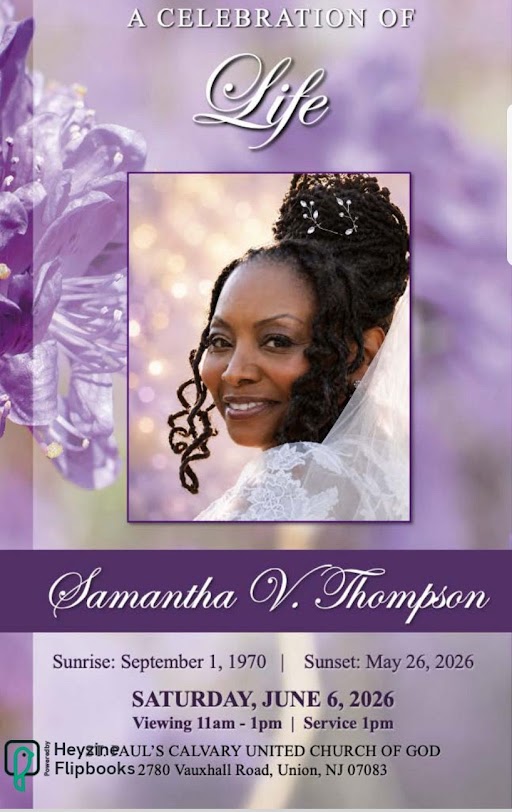 Memorial program cover featuring Samantha V. Thompson for her Celebration of Life service on June 6, 2026, in Union, New Jersey.